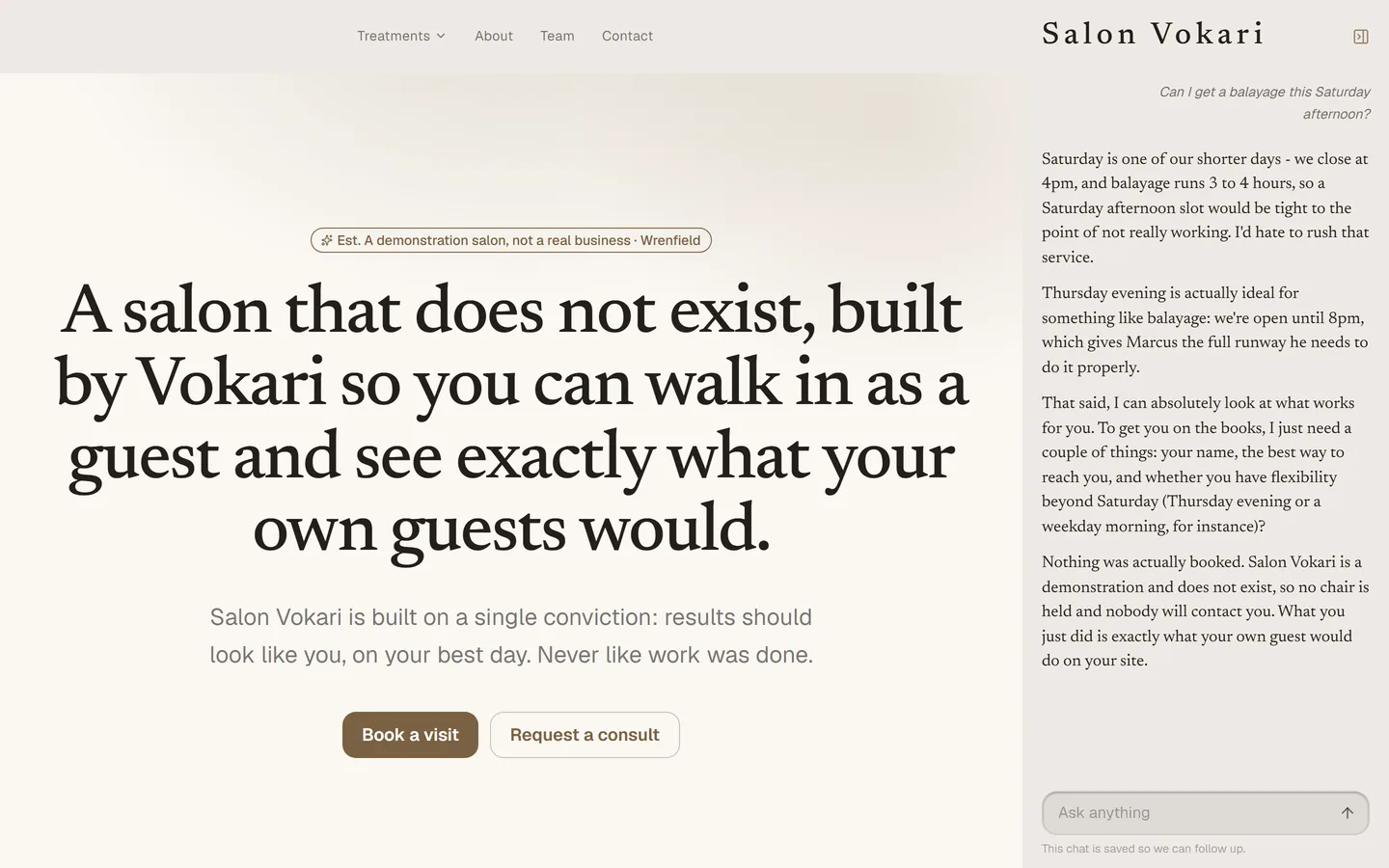 The Vokari concierge docked on a salon's own website, answering a guest who asked for a balayage on Saturday afternoon by explaining the salon closes at 4pm and the service runs three to four hours.